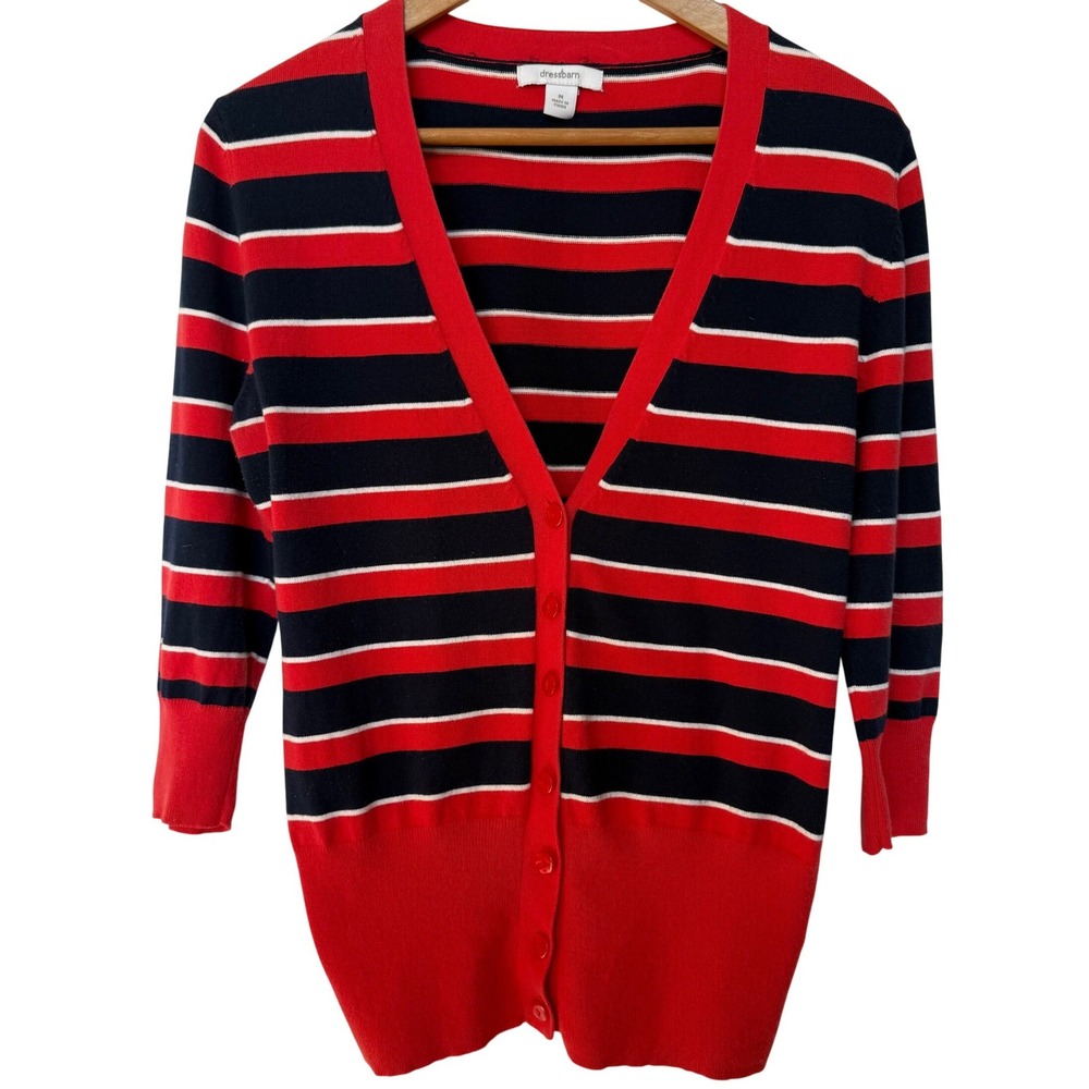VTG 90s Dressbarn Navy‎ Red White Striped Cardigan Preppy Academia Nautical M